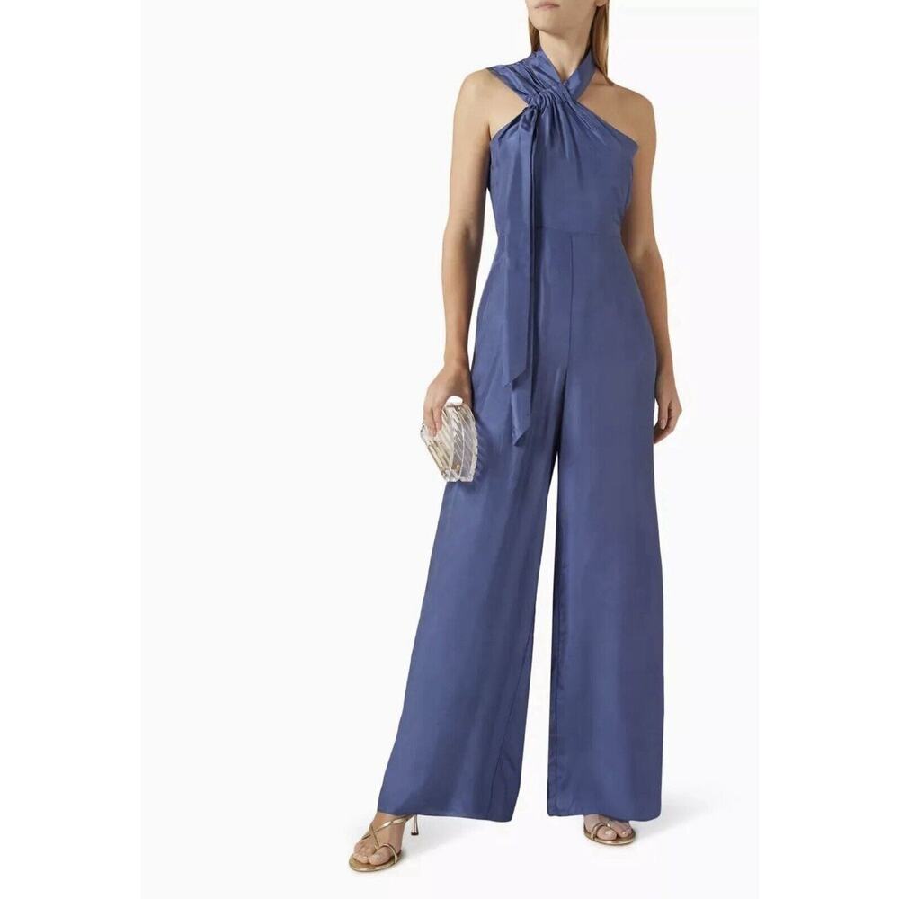 NWT Elliatt Anthropologie Waterside Blue Silk Jumpsuit One Shoulder Size Small